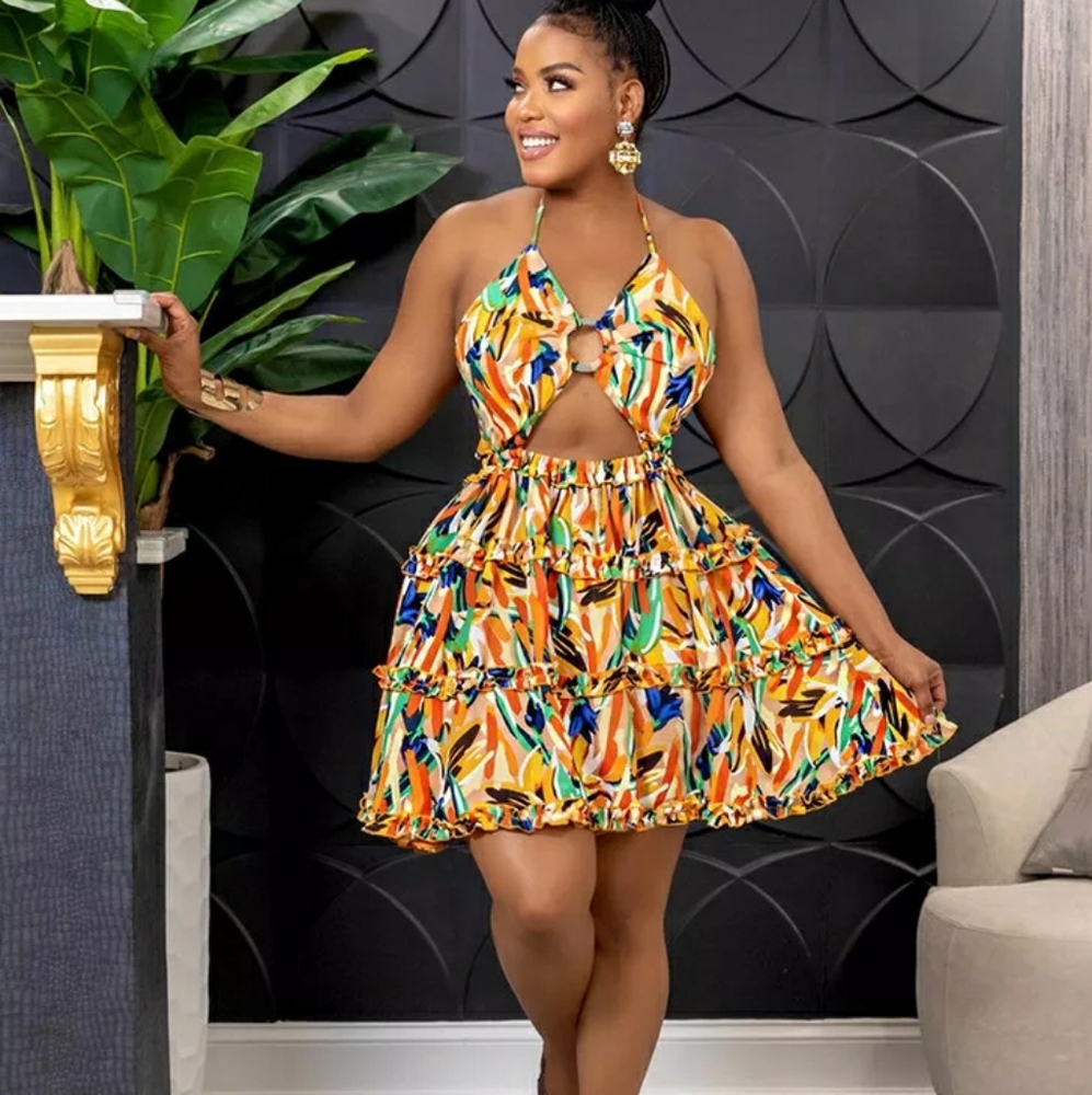 Women's Spaghetti Strap Halter Printed Bodycon A-line Ruffles Sexy dress